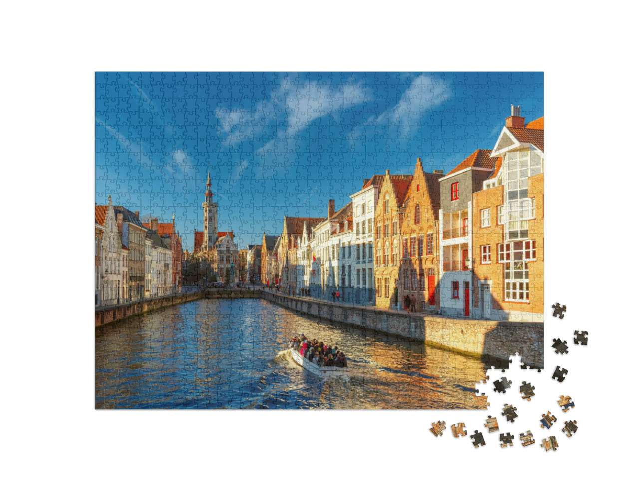 Puzzle 1000 pezzi „Canal Spiegelrei e piazza Jan Van Eyck al mattino a Bruges, Belgio“