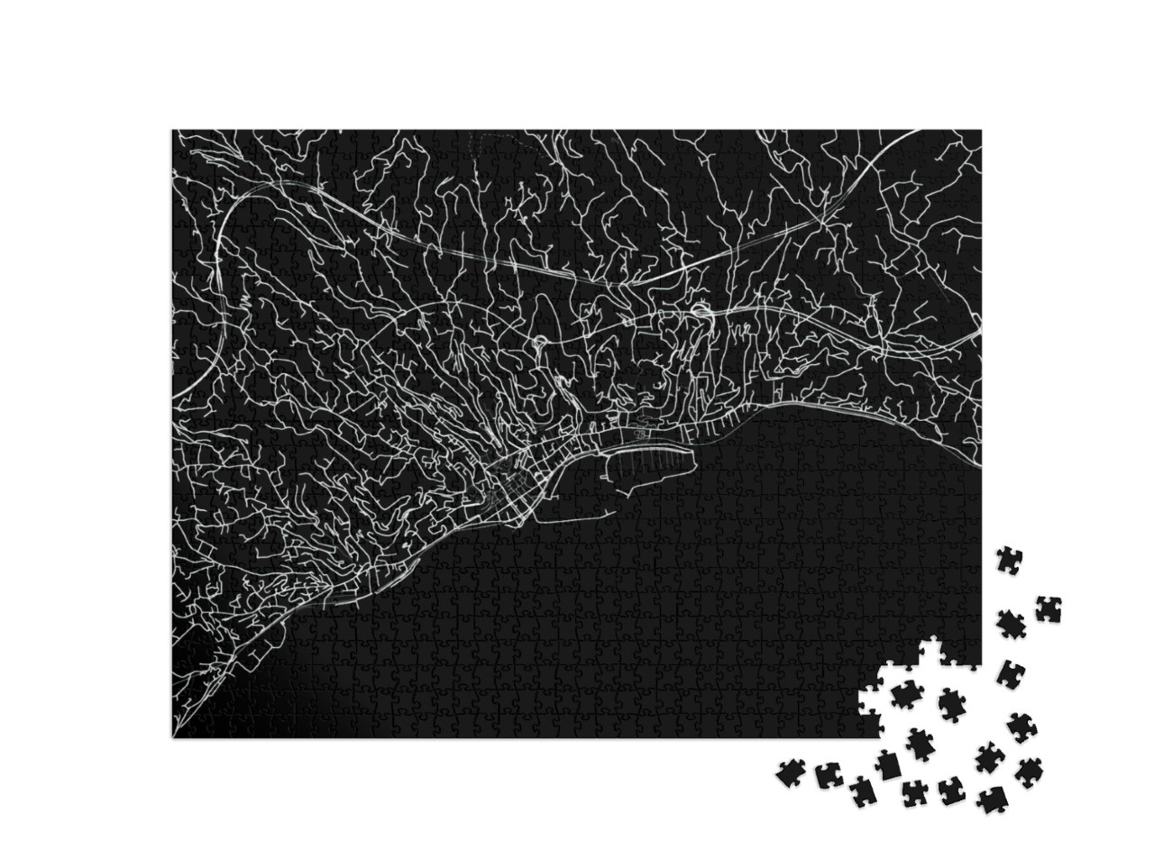 Puzzle 1000 pezzi „Mappa vettoriale della città di Sanremo in Italia con strade bianche isolate su sfondo nero.“