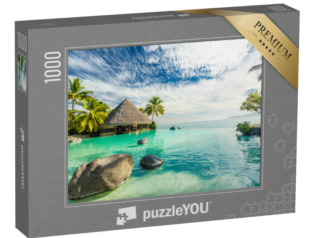 Puzzle 1000 pezzi „Piscina a sfioro con palme, Isola di Tahiti, Polinesia Francese“