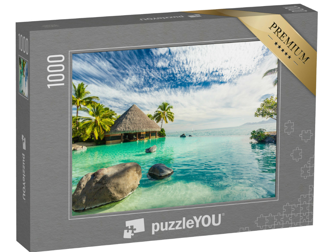 Puzzle 1000 pezzi „Piscina a sfioro con palme, Isola di Tahiti, Polinesia Francese“
