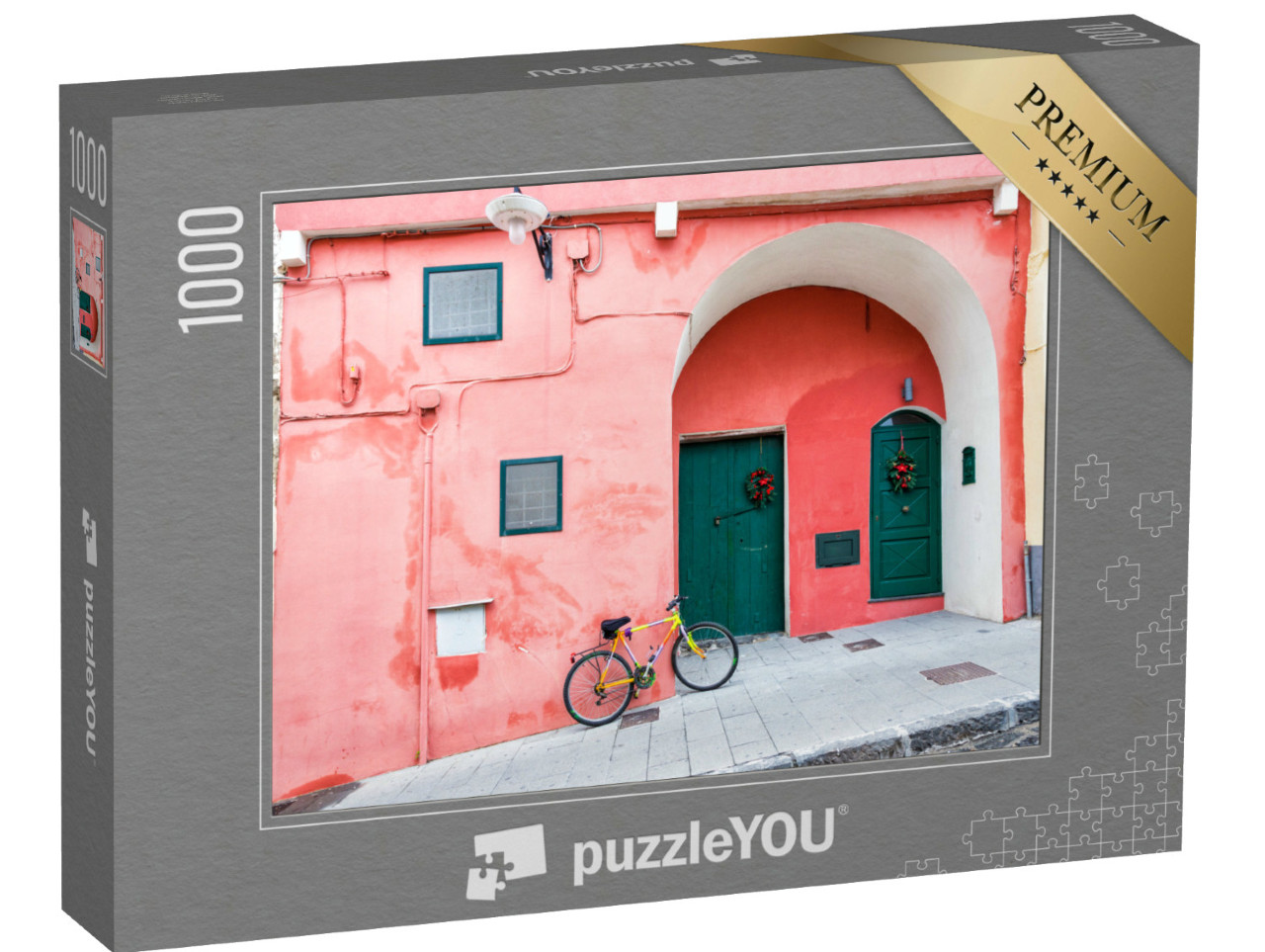 Puzzle 1000 pezzi „Procida (Italia) - Muri colorati e bicicletta a Procida, un'isoletta della Campania, Italia meridionale“