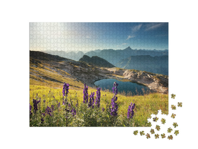 Puzzle 1000 pezzi „Fiori di campo su una montagna vicino a un lago alpino in Algovia“