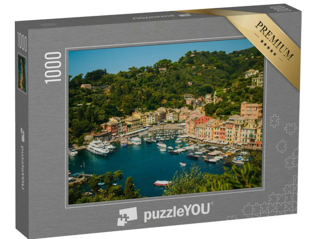 Puzzle 1000 pezzi „Panorama sulla costa ligure Portofino. Un villaggio di pescatori con case colorate sulle montagne“