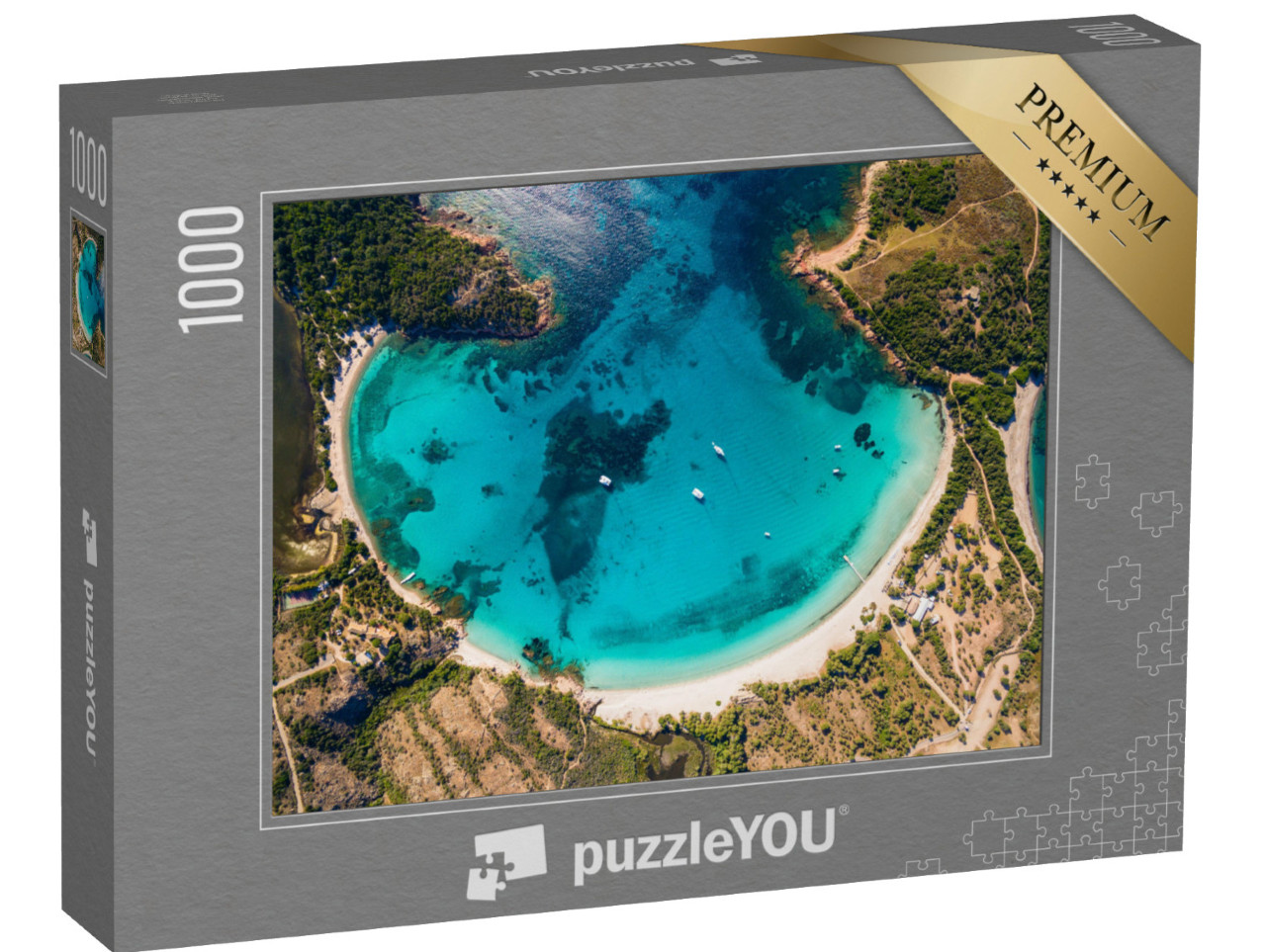 Puzzle 1000 pezzi „Paesaggio della città di Zonza con chiesa di sera, Corsica, Francia“