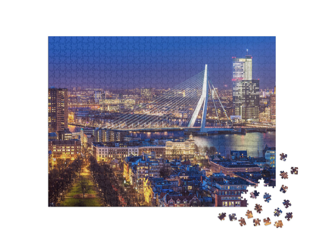 Puzzle 1000 pezzi „Skyline di Rotterdam con il ponte Erasmus, Paesi Bassi“