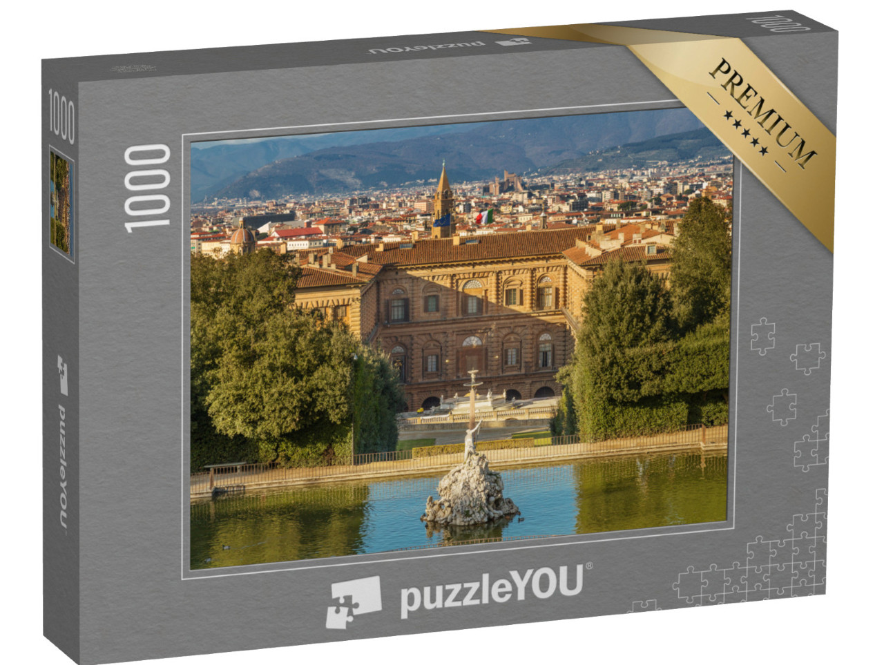 Puzzle 1000 pezzi „Il parco del Giardino di Boboli, la Fontana del Nettuno e una vista in lontananza di Palazzo Pitti“