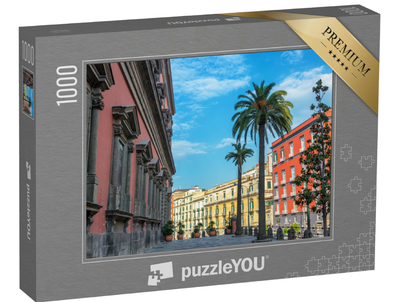 Puzzle 1000 pezzi „Architettura colorata e bella con palme di fronte al Museo Archeologico Nazionale di Napoli, Italia“