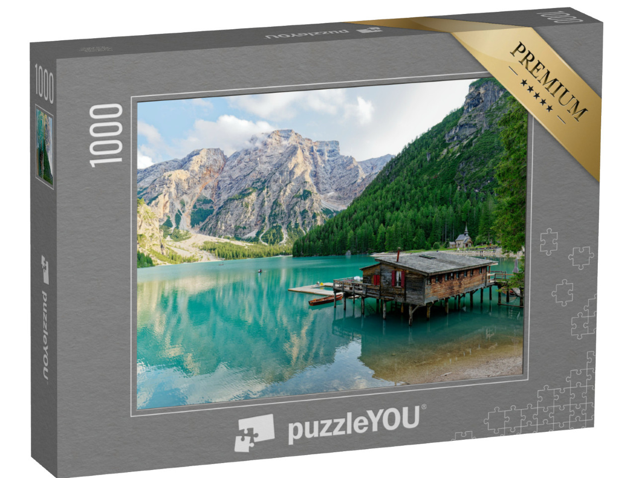 Puzzle 1000 pezzi „Vista del tramonto sul Lago di Braies nelle Dolomiti, uno dei laghi più belli d'Italia“