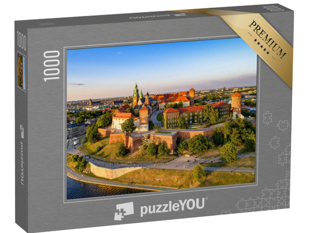 Puzzle 1000 pezzi „Skyline con la collina del Wawel, la cattedrale e le rive della Vistola, Cracovia, Polonia“