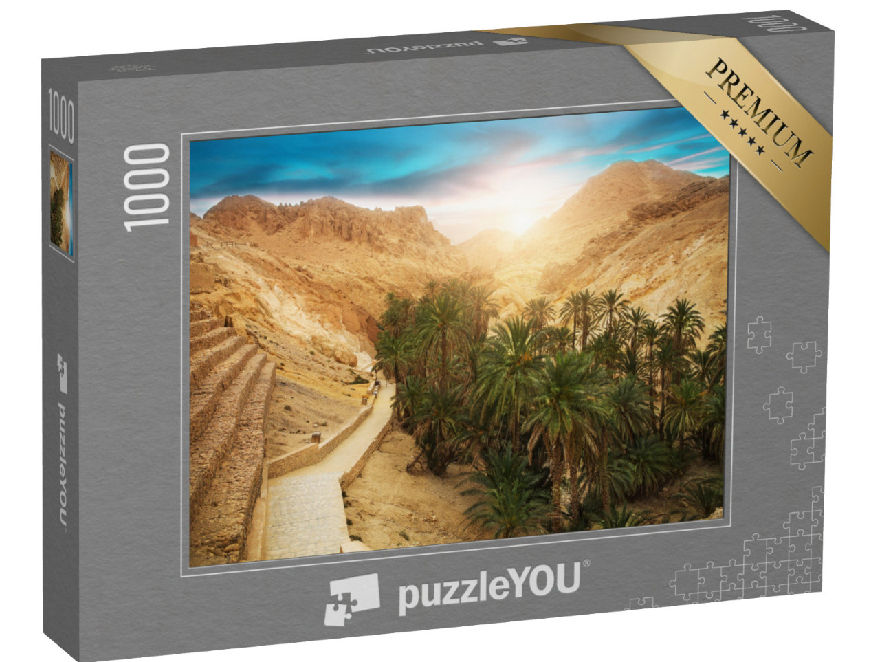 Puzzle 1000 pezzi „Vista dell'oasi di montagna di Chebika, deserto del Sahara, Tunisia, Africa“