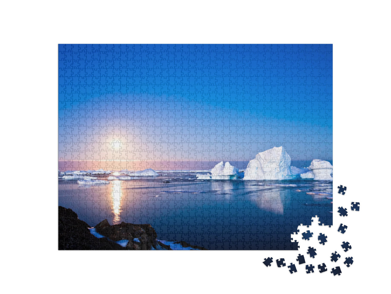 Puzzle 1000 pezzi „Antartide in una notte d'estate, iceberg e luce della luna“