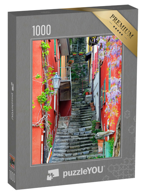 Puzzle 1000 pezzi „Varenna, provincia di Lecco, Lombardia - strada stretta e colorata nella parte storica della città“