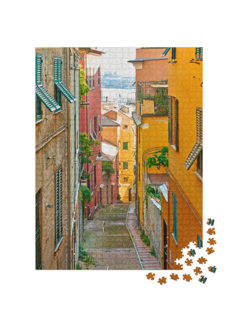 Puzzle 1000 pezzi „Prospettiva dell'antica strada in discesa che conduce al porto di Genova, Genova, Italia“