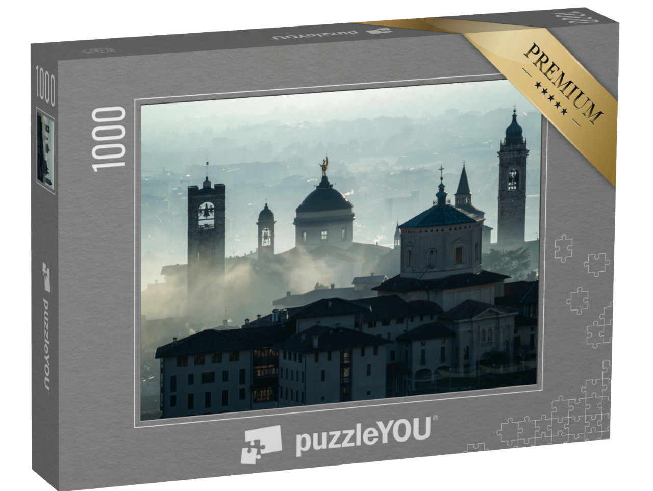 Puzzle 1000 pezzi „Bergamo: un paesaggio sorprendente visto dall'alto, la nebbia copre il centro storico della città“