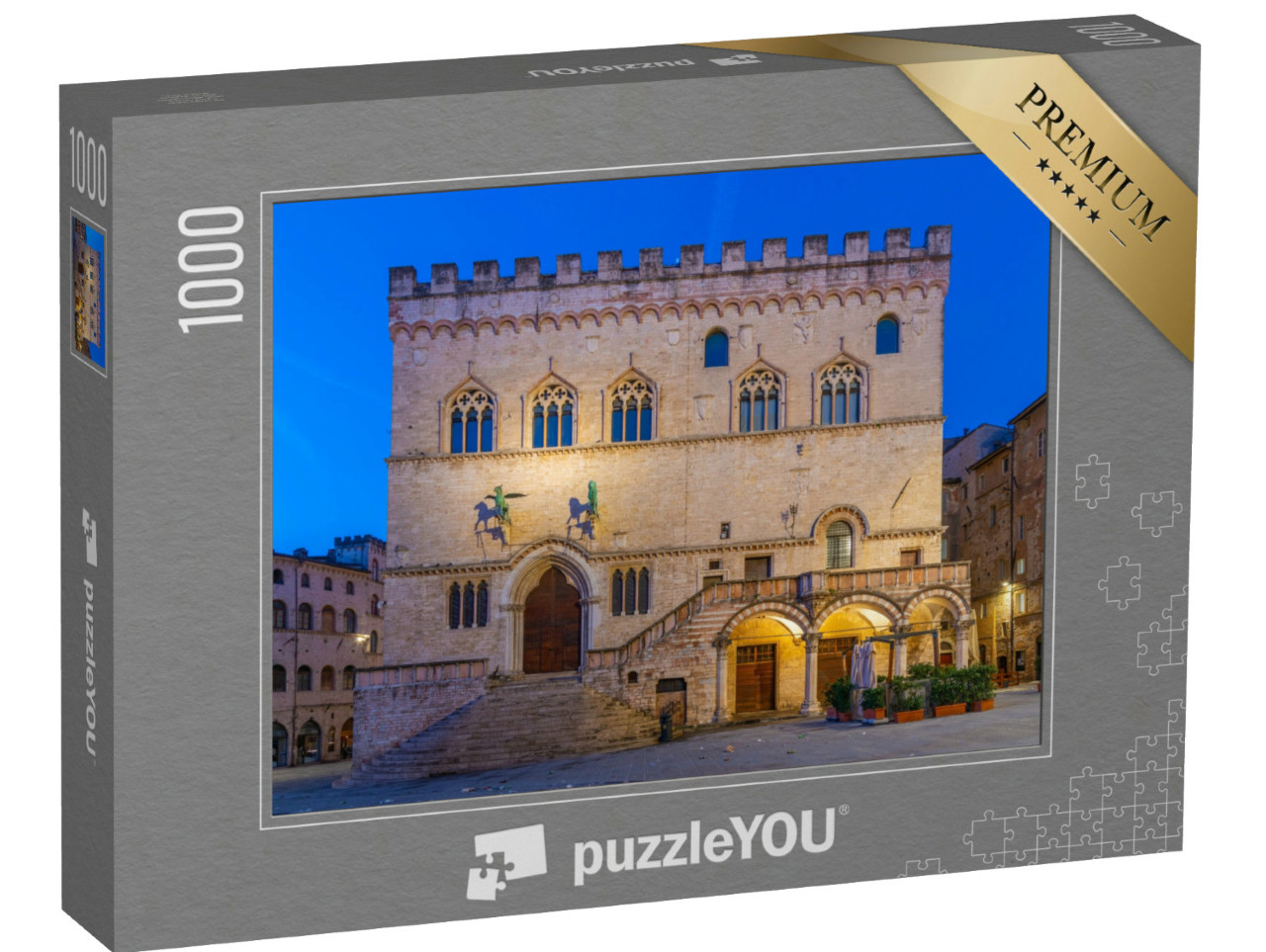 Puzzle 1000 pezzi „Alba sul Palazzo dei Priori nel centro storico di Perugia.“