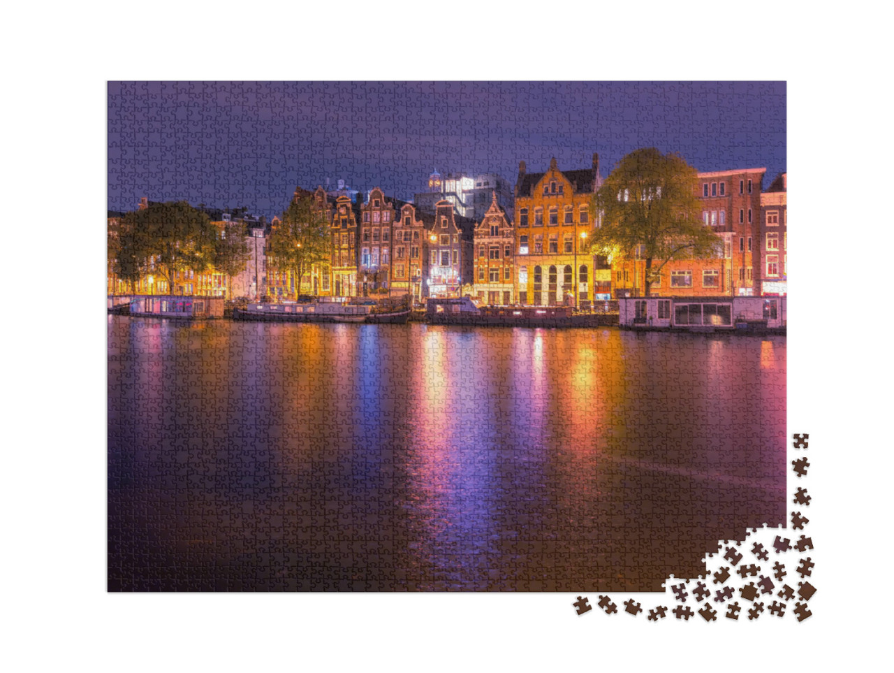 Puzzle 2000 pezzi „Incantevole canale di notte ad Amsterdam, Paesi Bassi.“