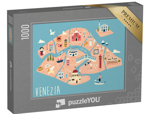 Puzzle 1000 pezzi „Mappa illustrata di Venezia con simboli, punti di riferimento ed edifici famosi. Disegno vettoriale“