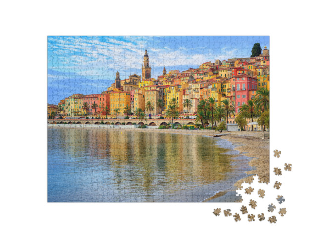 Puzzle 1000 pezzi „Spiaggia sabbiosa sotto la città di Mentone, Costa Azzurra, Francia“