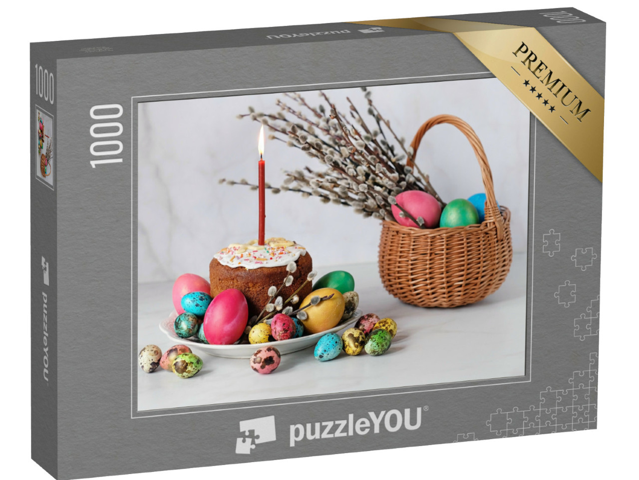 Puzzle 1000 pezzi „Una torta pasquale con una candela e uova di Pasqua colorate e decorate“