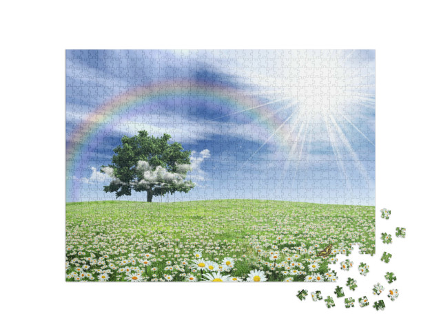 Puzzle 1000 pezzi „Arcobaleno su un prato fiorito di primavera“