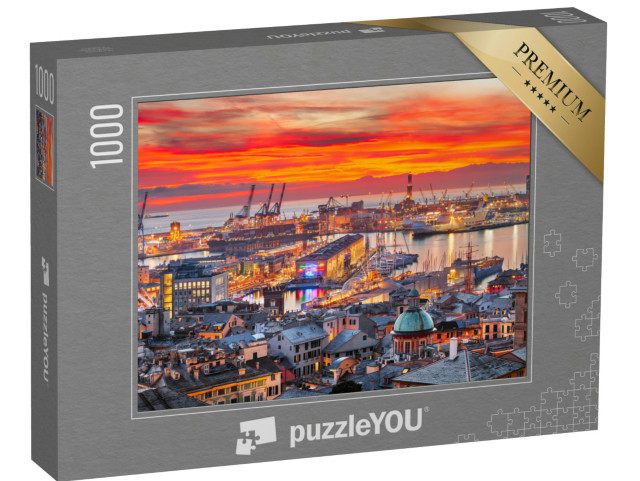 Puzzle 1000 pezzi „Genova, lo skyline del centro con il porto e le torri storiche al tramonto.“