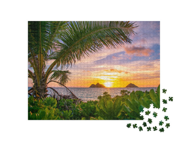 Puzzle 1000 pezzi „Splendida alba tropicale sulla spiaggia di Lanikai, Oahu, Hawaii“
